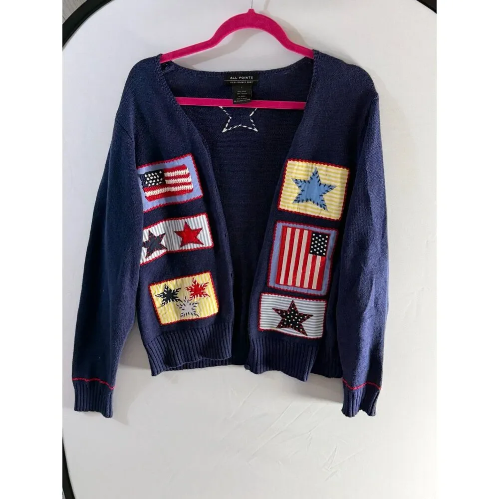 All Points Americana Flag Star Appliqué Cardigan Sweater Navy Large